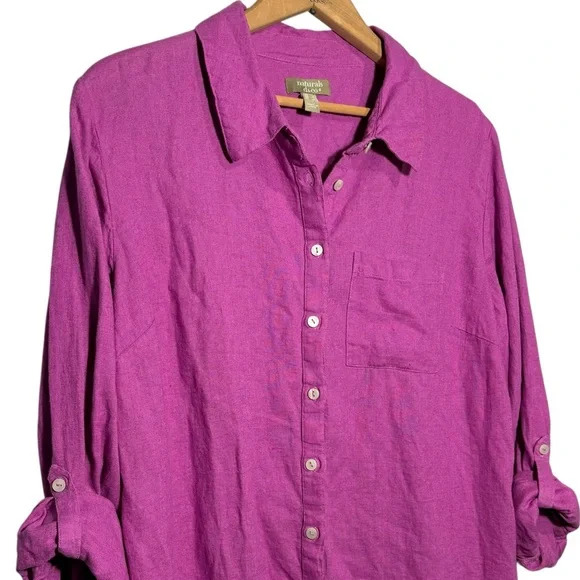 Naturals D&CO. | Wild Orchid Button Up Roll Tab Sleeves Linen Blend Top size L - Picture 5 of 15